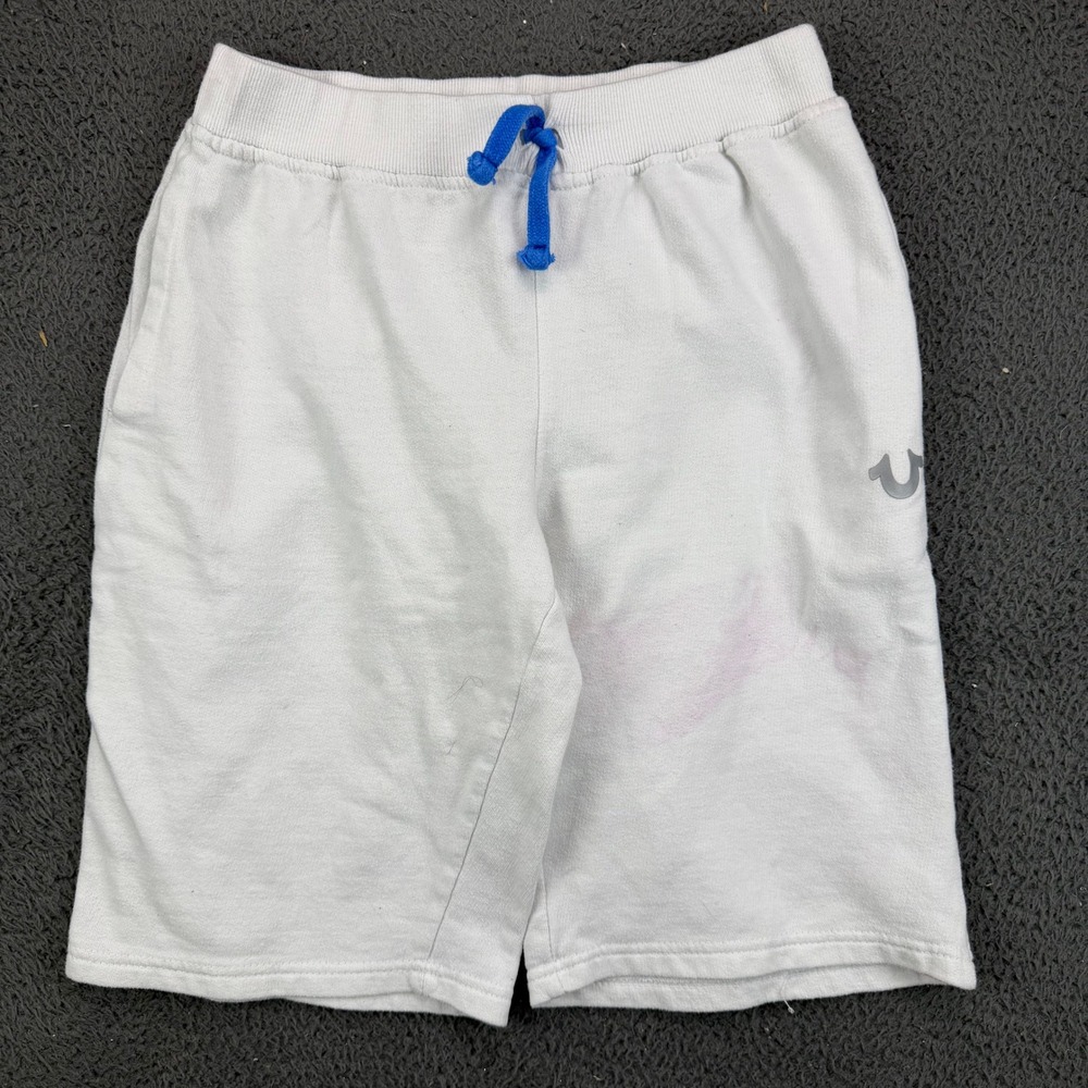 True Religion Kids White Sweat Shorts Size L‎ Blue Drawstring Logo Stained